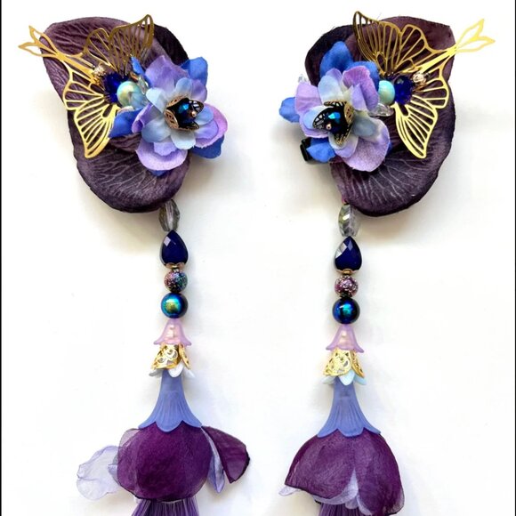 Artist Made MYSTICAL Purple Blue Party Festival Flower Hair Decor Clip Tassel - Picture 3 of 8